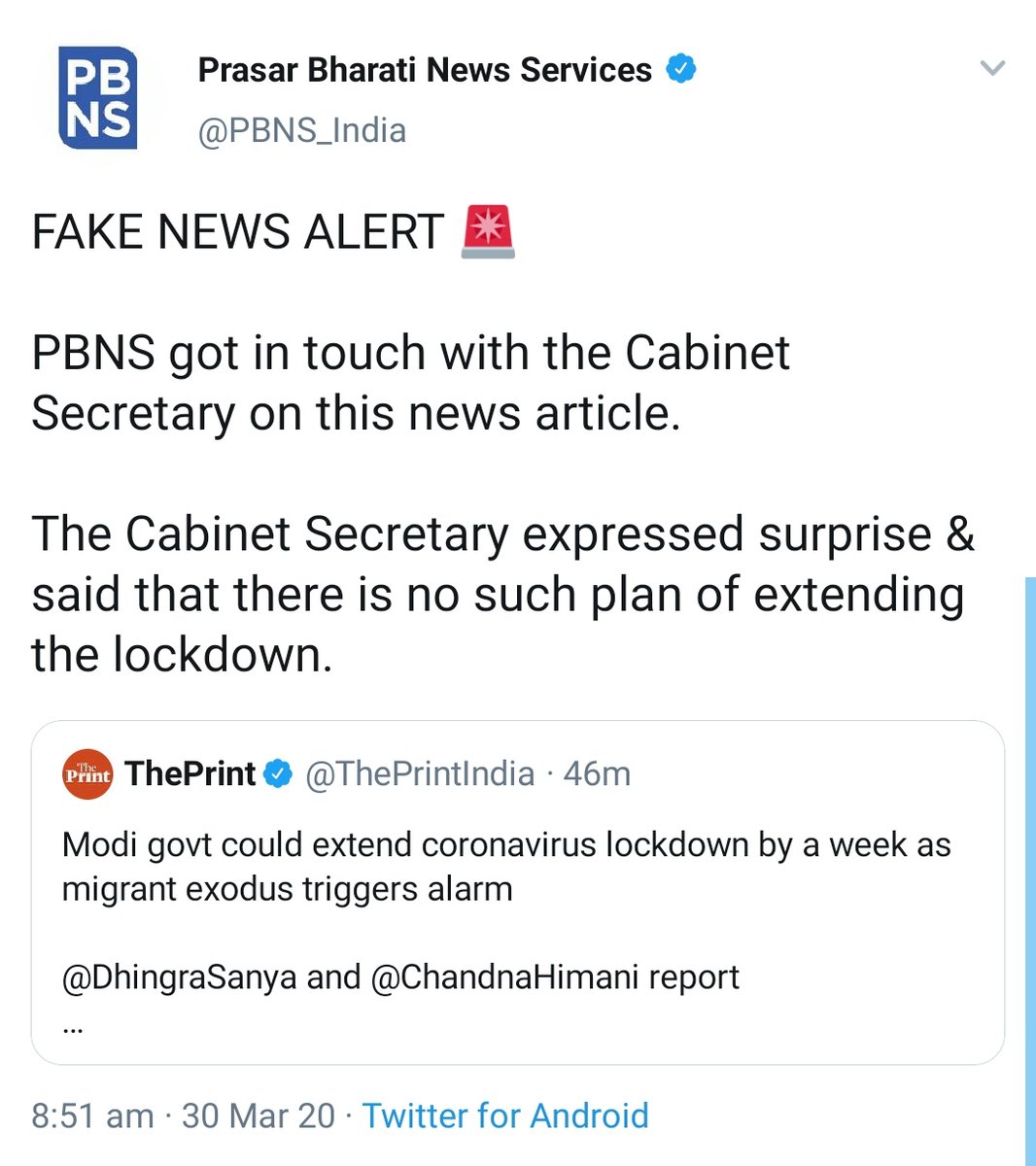 Shekhar Gupta's The Print spread Fake News that Lockdown will be extended.Media houses are putting up such Fake stories only to create panic so that people suffer and they can use it to attack govt.But if you question them, they will cry freedom of expression