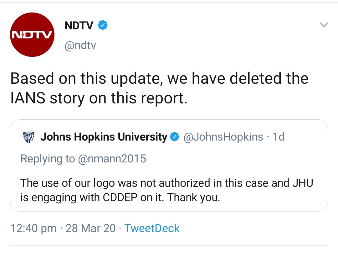 NDTV said India will hv 25 crore Corona cases. John Hopkins University said the report in their name is fake. NDTV deleted it after outrage.Wasn't the intention behind it was creating panic among Indians?If Govt takes action, Liberals will cry attack on Media.