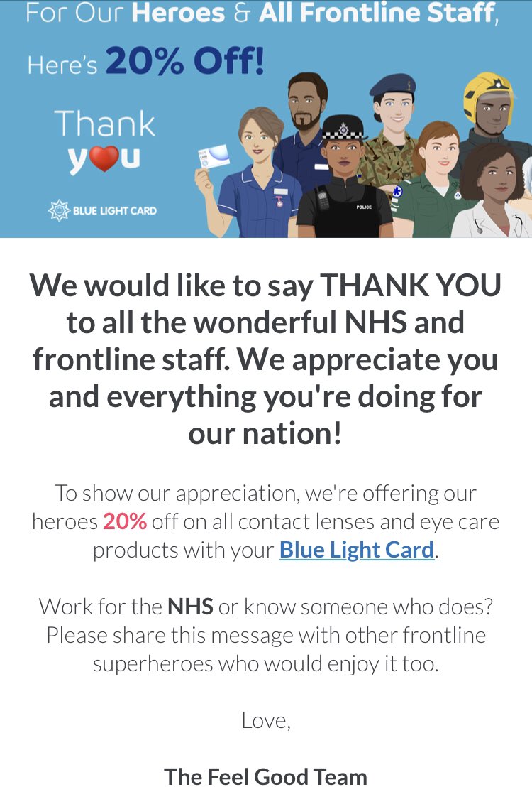 Sign up to @bluelightcard for lots of exclusive discounts such as 20% off at @FeelGoodContacts for all Heroes & frontline staff working hard to fight covid-19 #nhs #police #military #emergencyservices #feelgood #eyes #contactlenses #discount