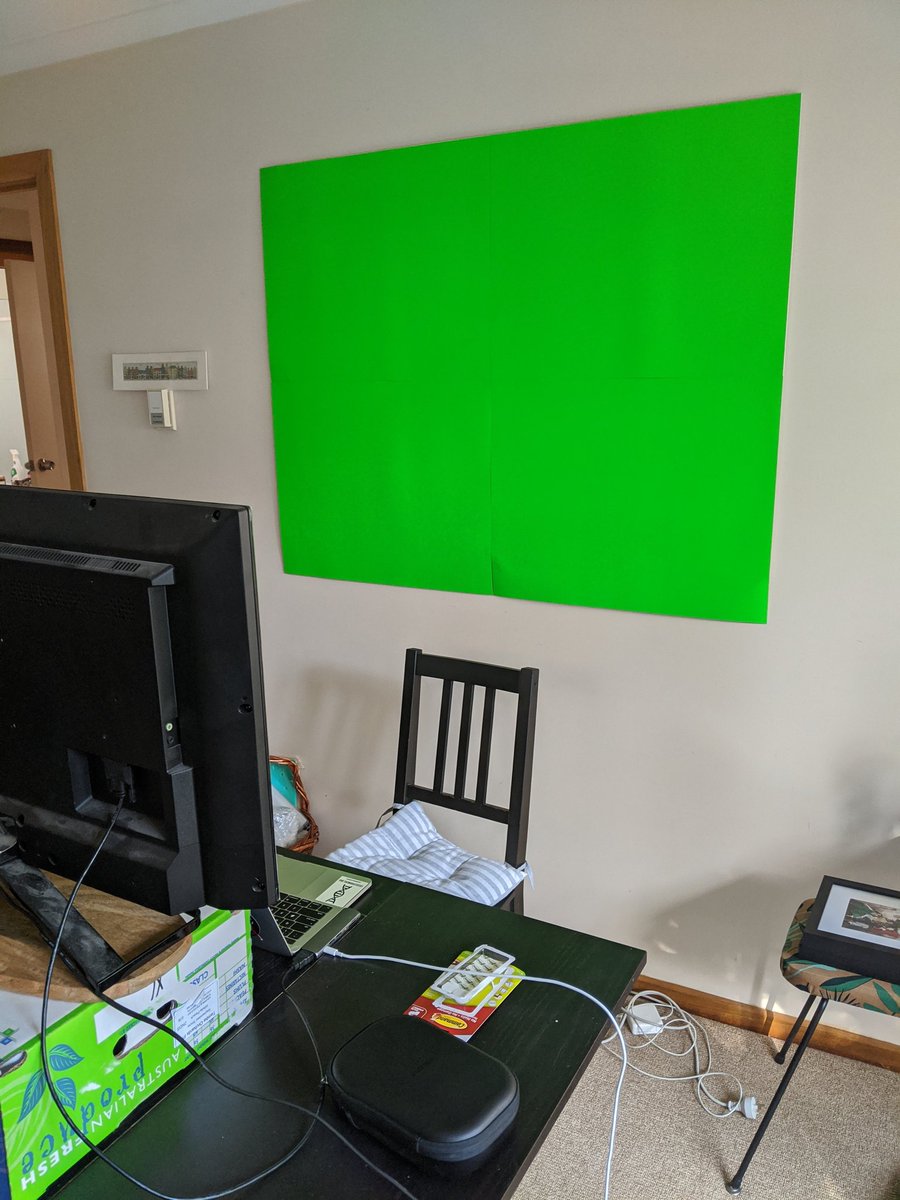 methylnick's tweet photo. My temporary set up for @zoom_us set up. @MonashBioinfo need the green screen for my virtual background. #monashathome #notOnlyABioinformatician #monashaha #wfh #PEBKAC https://t.co/JyLjLUZiyP