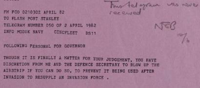 FirstFalklands's tweet photo. 1 April 1982 Sir Rex Hunt receives intelligence that an Argentine task force is headed for the #Falklands and that "You will wish to make your dispositions accordingly". He also receives a flash telegram authorising destruction of the runway at Stanley, but with no time to do it. https://t.co/8fMkulAD3V