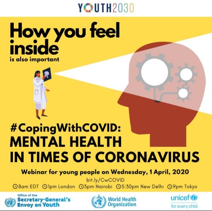 Feeling sad, stressed, anxious or angry while #CopingWithCOVID?
<a href="/UNYouthEnvoy/">UN Youth Envoy</a>, <a href="/UNICEF/">UNICEF</a> &amp; <a href="/WHO/">World Health Organization (WHO)</a> are hosting a webinar series on "Youth and Mental Health" to help  you cope with pandemic. 
Bit.ly/CwCOVID
#Youth2030