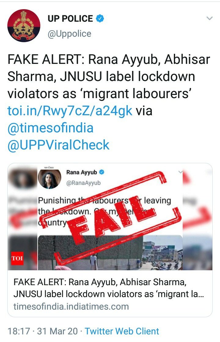 Bigots like Rana Ayyub, Abhisar and many mote spread fake news that UP Police is acting against migrants.They were lockdown violaters of Kanpur.They deleted it, but propaganda spread on whatsapp and created panic and fear.