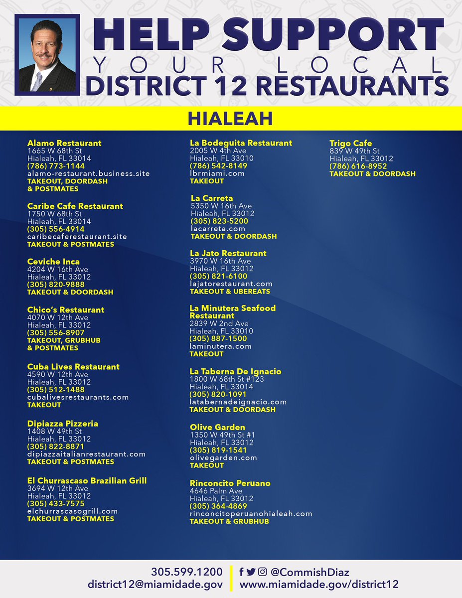 JosePepeDiaz305's tweet image. Small businesses are the backbone of our economy and it’s crucial we support them during these challenging times. Help support your local #District12 restaurants and hospitality workers by ordering takeout or delivery. #SupportLocal #OrderOutHelpOut