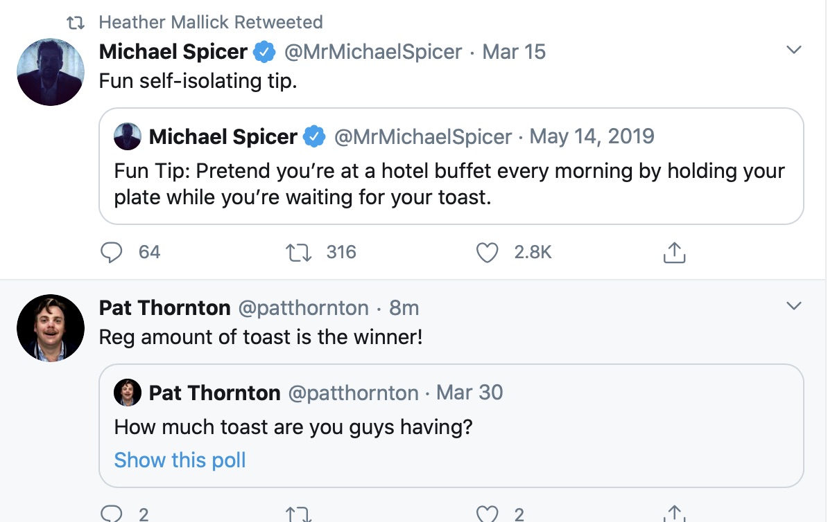 BrentButt's tweet photo. Back-to-back unrelated toast tweets!  #winning #toastTuesday #toasttotoast #michaelcheandcolintoast https://t.co/PTi7XNXg9j