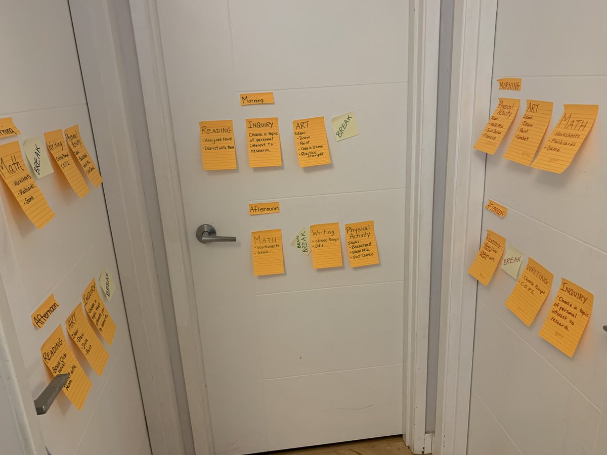 esther_memmott's tweet photo. This is how we are doing #offsitelearning Very simple with sticky notes on doors. 30 minute blocks of math, reading, writing, art, pe, inquiry and breaks in any order my kids choose. They like the choice and feeling of agency https://t.co/RXnz0MjGBD
