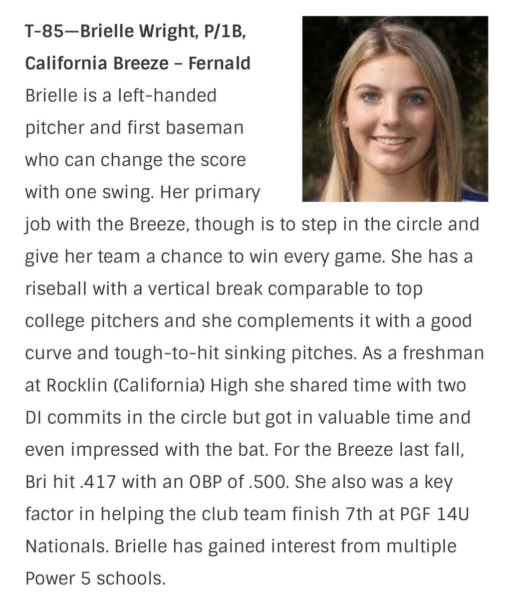 BrielleWright20's tweet photo. So excited to be in the Top 100! @ExtraInningSB @ondecksoftball @Pete24Dufour @SacBee_JoeD @cameronsalerno1 @NDcoachGumpf @CoachPinkerton @CoachCandreaUA @CalSB @calbreeze04 @MaggieLivreri @Coach_Fisher @Utah_Softball  @JessicaAllister @ToriNyberg @BethTorina @BUMoore https://t.co/MzHQZM78CM