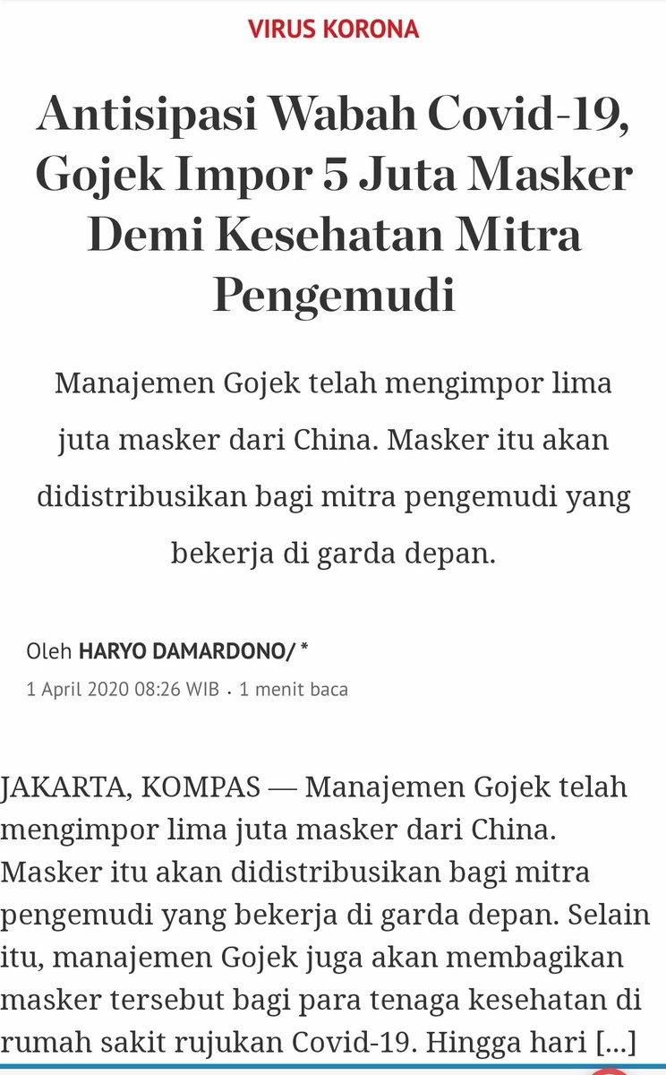 kurawa's tweet photo. Sebuah berita yang menggembirakan pagi ini utk semua driver Gojek dan pelanggannya, 5 juta masker disiapkan utk pengemudi dan disumbangkan juga buat paramedis.

Terima kasih 🙏🙏

Semoga badai ini berlalu https://t.co/sy1FFqqTr6