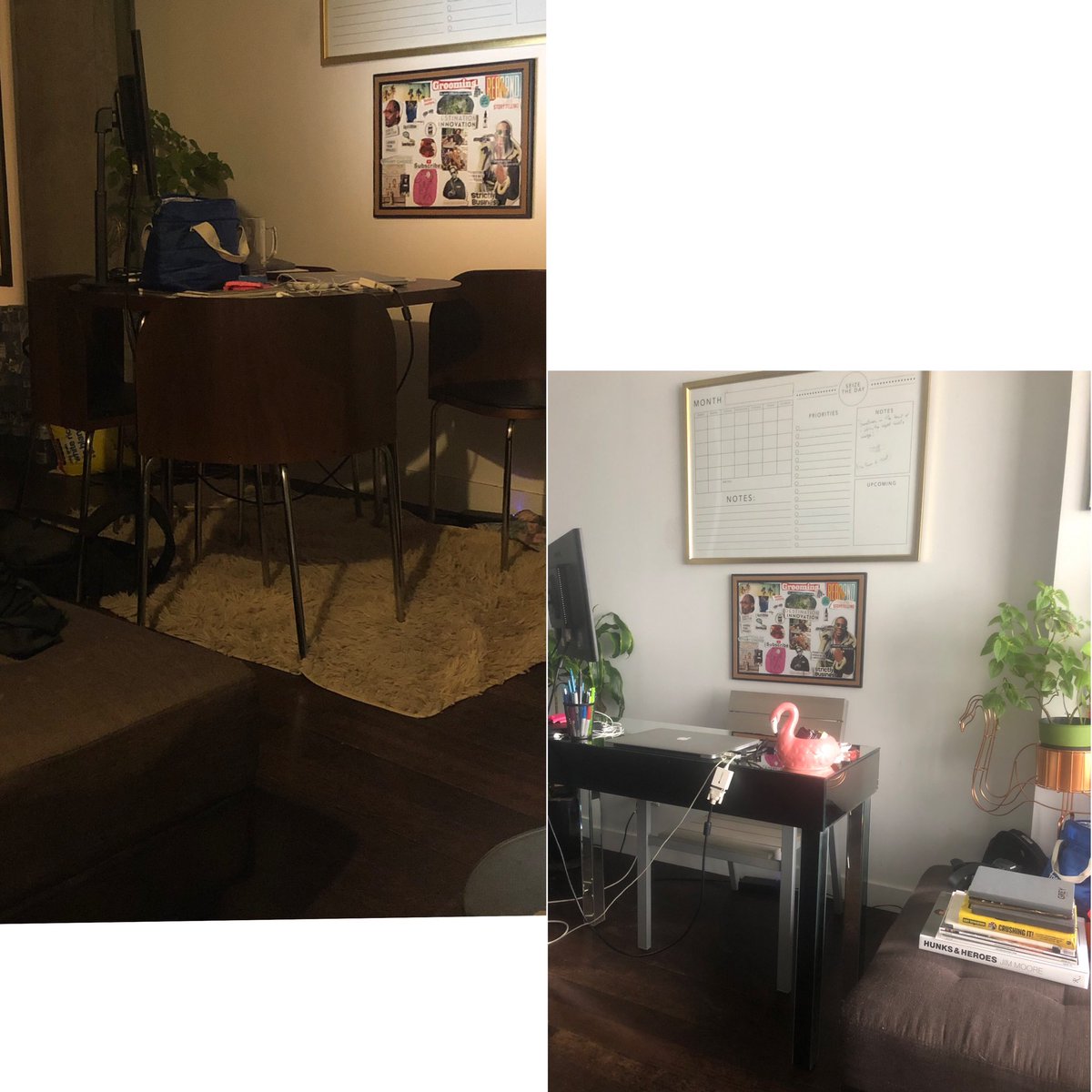The before & after .. I got rid of my kitchen table because it was more of a work space than anything.. now it finally looks like one. My Led strip lights also came in 