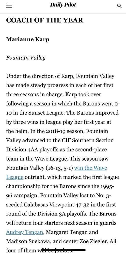 AJG_20's tweet photo. Congrats @karpmkarp on earning COACH OF THE YEAR from the @DailyPilotSport !!! Also shoutout to Kat Luu for earning 1st team honors!!! Was fun to watch your team compete! @BballFvhs @FVHS_Athletics @DceanB @Imjustteek @DrMorganSmith #B4L https://t.co/8saCj5hSdJ