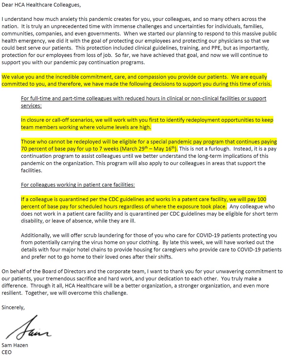 Informocracy's tweet image. Largest #healthcare provider in the US, #HCA, takes giant leap forward in caring for its employees. 100% pay for those quarantined due to #COVID-19 &amp;amp; 70% pay replacement for those called off due to low volumes. @HCAHRcommunity @HCAHealthcare #CareLikeFamily