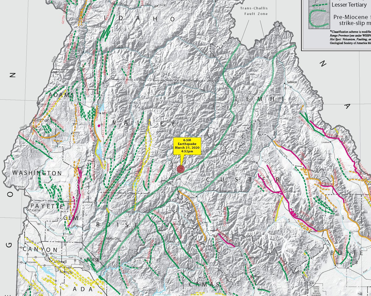 Epicenter of today's #idahoearthquake placed on our Miocene and Younger Fault map (M-8)-ZOOMED IN. It falls close to the trans-Challis faults system and northern end of the Basin and Range. Thanks <a href="/cmcfeeney/">cmcfeeney</a> for quick turn around.