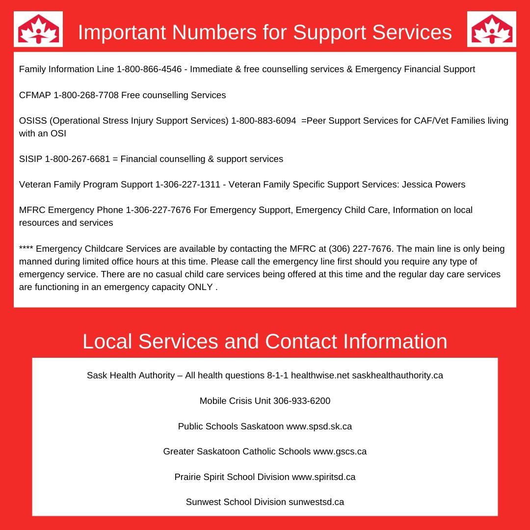Important Numbers

See below for numbers to keep handy during this uncertain time.

Also note that scammers are in full force right now.  MFRC's or the CAF will never ask for personal information over the phone.  Do not give out any personal or banking information.
