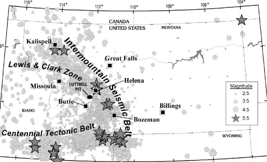 Map of historical earthquakes in the region grouped by proper names.