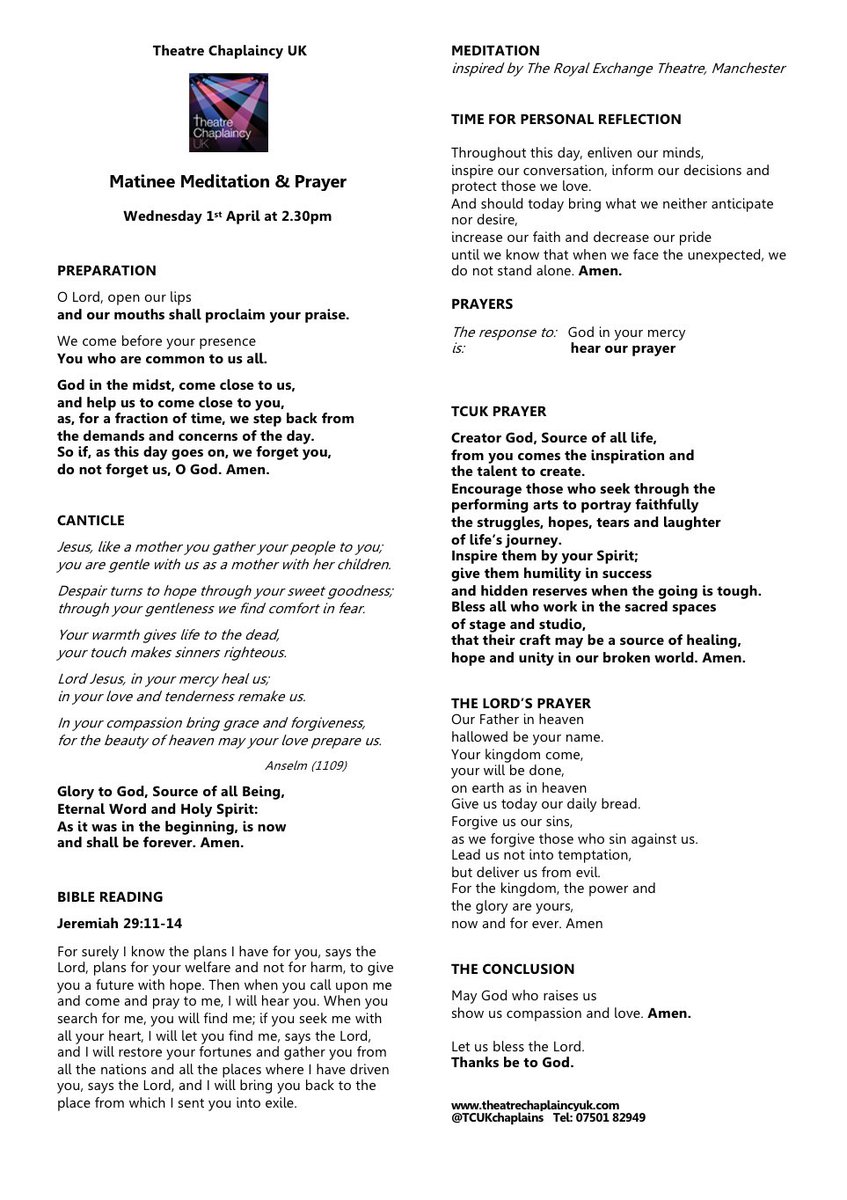 In normal times, the curtains would be rising in many of our theatres at 2.30pm today. Instead, we’ll be live-streaming our first Matinee Meditation &amp; Prayer on our Facebook page. You can find the service sheet on our Facebook page, as well as here.