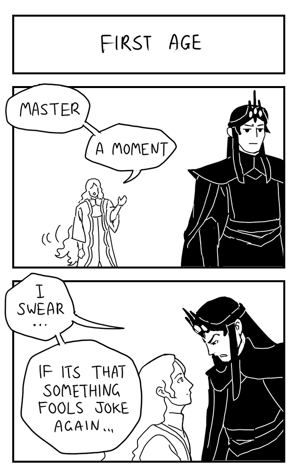 Tatara_Tarou's tweet photo. April Fools Comics #Mairon #Eonwe #Melkor 1/3 https://t.co/Ust0o75o4f