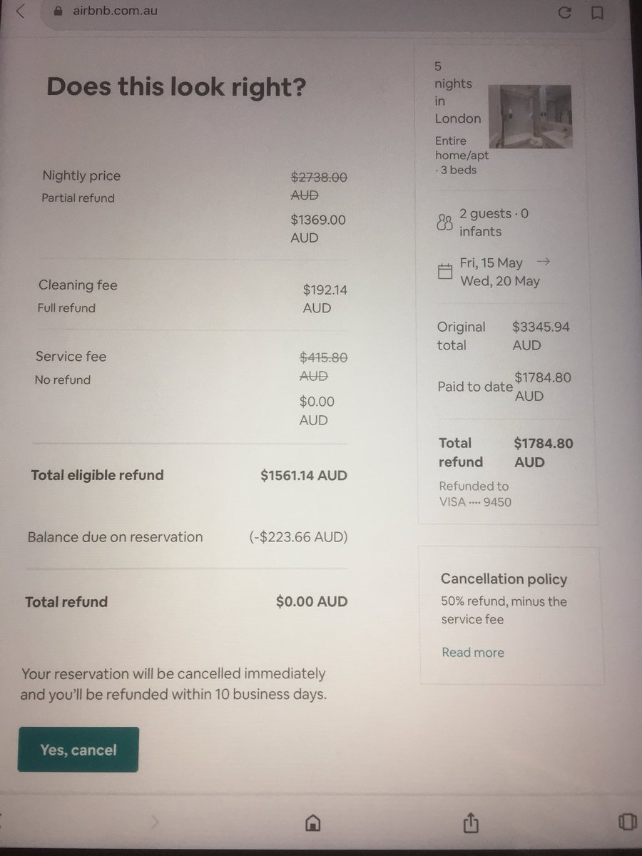 Rodman1960's tweet photo. @AirbnbHelp Hi Airbnb help. I’m still getting very mixed messages from your website for a booking in London in mid May. The process has me having to ask the host and then the summary says I get a full refund but also says I’ll lose some money. Can you please clear this up. See photo below https://t.co/x6QmYdLiuq