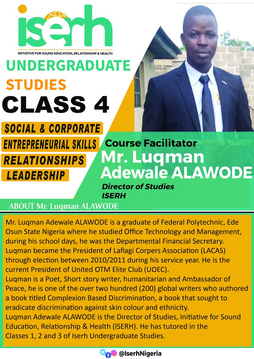 iserhnigeria's tweet photo. ELEVENTH LECTURE'S ASSESSMENTS OF ISERH UNDERGRADUATE STUDIES CLASS 4

Mr Luqman Alawode @Writeaholic01, ISERH Director of Studies, took our Scholars through a class on OWN YOUR FUTURE on Saturday 21st of March, 2020.

Click this link:
https://t.co/ytMQ4xYNMi https://t.co/fNxungorNj