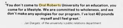 More surprisingly, 1970s conservatives embraced "whole-person" idea re health, and physical fitness as how to achieve itLike at Oral Roberts U, where students sued against weight limits + the gym was named for exercise celeb doctor Kenneth Cooper.../5