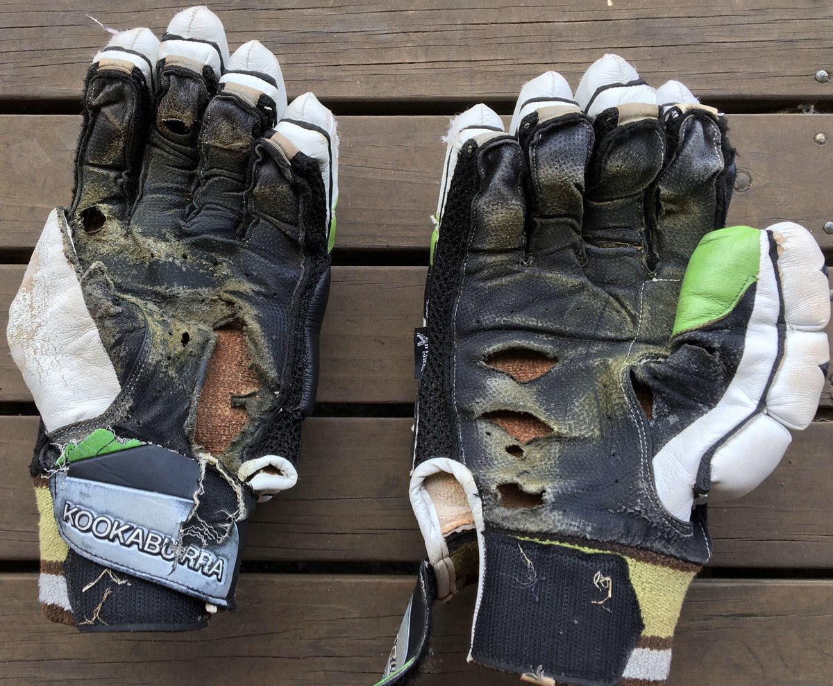 Crackers134's tweet photo. Been a magnificent pair of gloves, sadly it’s time for them to go #isolationcleanout @KookaburraCkt @ShannonGill13 https://t.co/wfmZWK4sDt
