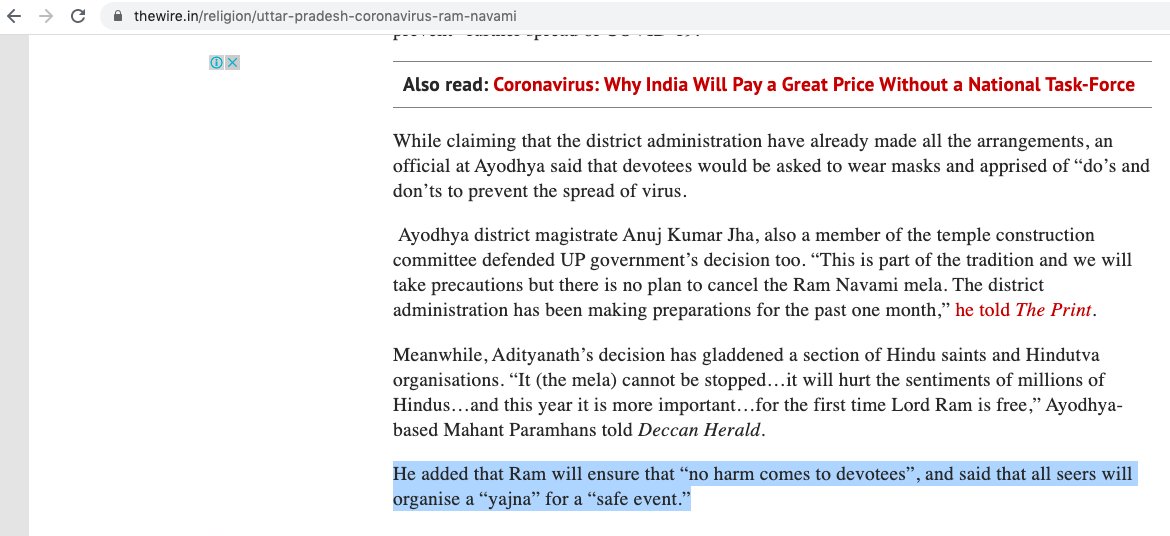 And indeed there was. Someone had indeed said that Ram will ensure "no harm comes to devotees". Except that it wasn't Yogi Adityanath. It was 'Ayodhya-based Mahant Paramhans'. And where did I locate this quote? In Varadarajan's own publication--The Wire.