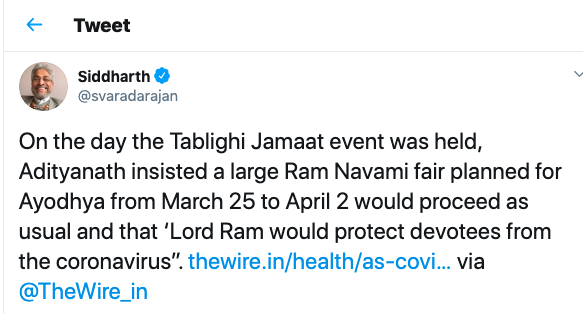 So I decided to check the full statement of Yogi Adityanath, where, as per Siddharth Varadarajan  @svaradarajan, Yogi said that "Lord Ram would protect devotees from the coronavirus". I took the quotes from his tweet (attached). For Varadarajan is a senior journalist.