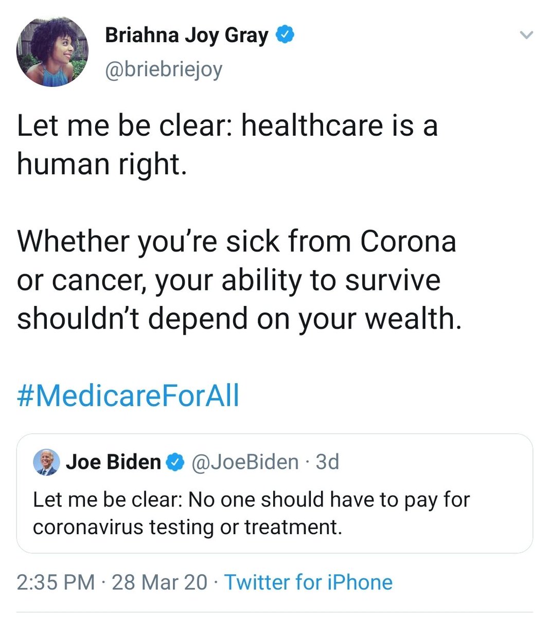 Notice the difference in Briahna's RT of Joe Biden vs Kamala Harris. She went from healthcare is a right (no problem) to "is it ok to die". She knew better than to say that shit to Biden with his son dying of cancer but miscalculated thinking that demonic shit flies vs Kamala.