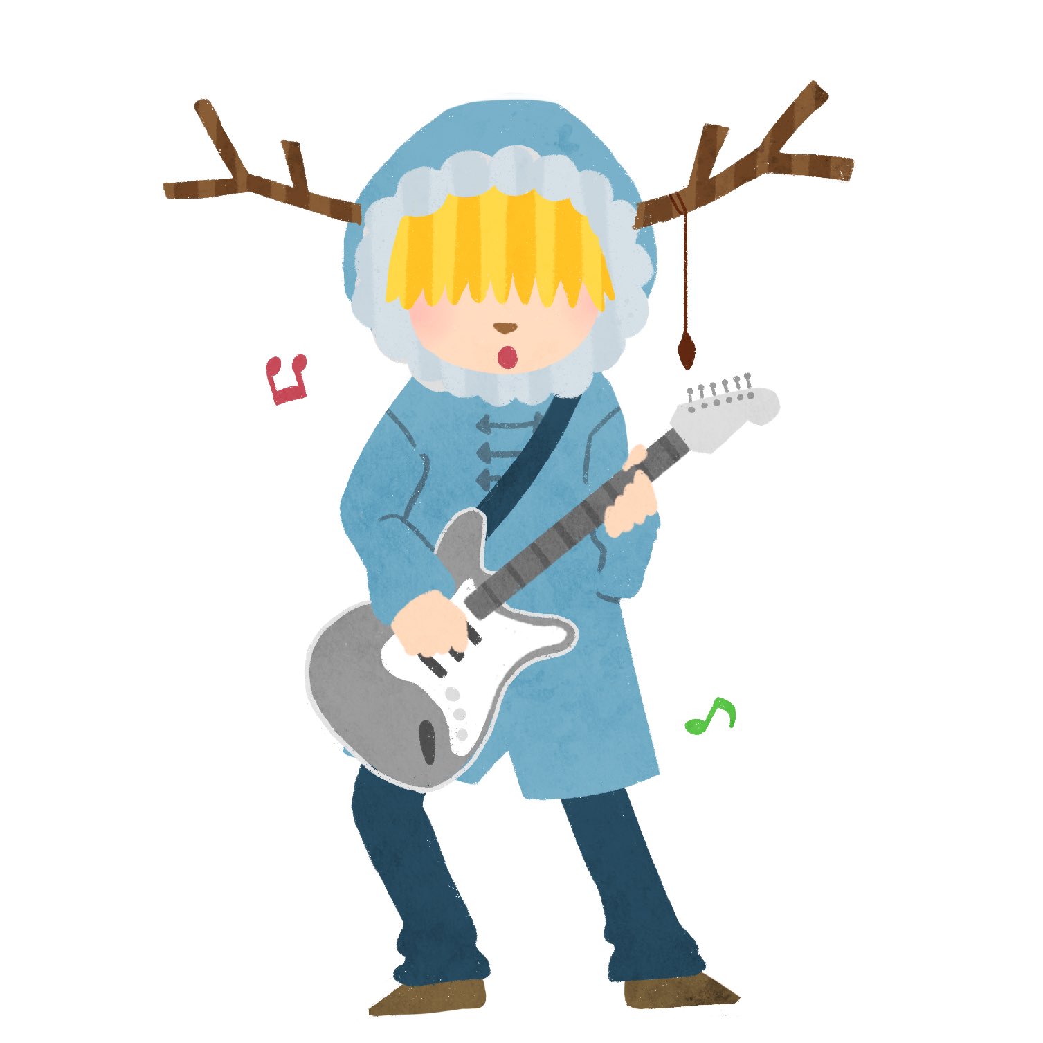 Rotsu 鹿の角が生えた男の子がギターをかき鳴らして歌っているイラストです