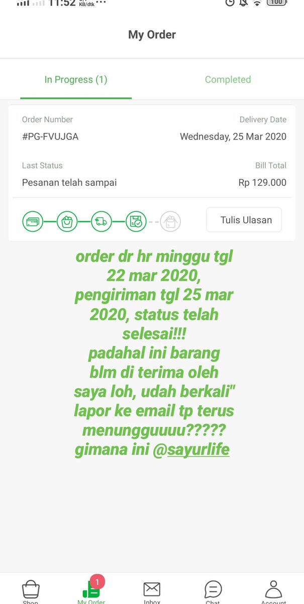 indar_0982's tweet photo. Order di @sayurbox tanggal 22 mar 2020, pengiriman tgl 25 mar 2020, status telah sampai!!!!
padahal barang belum saya terima sampai saat ini, udah lapor berkali" ke email menungguuuu antrian, DM dan chat ga ada respon, gimana ini @sayurbox udah terlama lama loh ini ... https://t.co/pQD0C2LHmG
