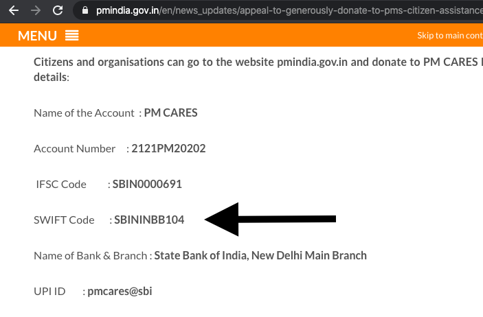 Now, here's the interesting part.When PM Modi announced PM-CARES on 28th March, the press release/appeal contained the account details for the fund including the SWIFT code of the bank.A SWIFT code is only required for international bank transfers.(2/7)