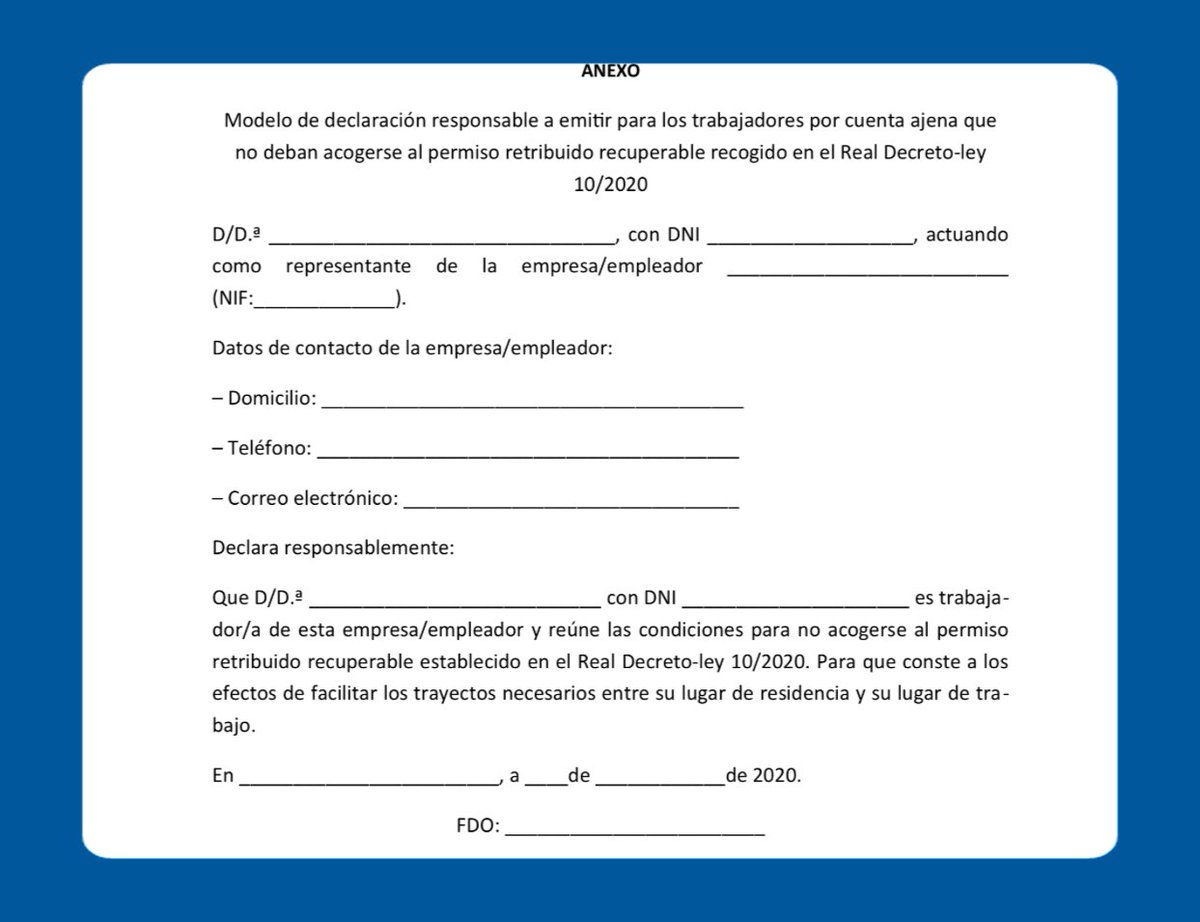 policiaelche's tweet photo. Las personas #trabajadoras que no puedan acogerse al permiso retribuido recuperable del RDL 10/2020, tienen #derecho a que la empresa o entidad empleadora les #expida una declaración responsable, necesaria para justificar sus #desplazamientos laborales https://t.co/AfxXbsgXmd