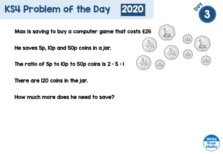 WRMathsSec's tweet photo. 💰 It’s Day 3 of our #KS4 #ProblemOfTheDay  #MathsEveryoneCanAtHome #HomeLearning
We’re looking at ratio, money and problem solving – what’s the first thing you can find out? Where do you go after that? Full video solution will be tweeted later today! https://t.co/Ck3UoxAlTD