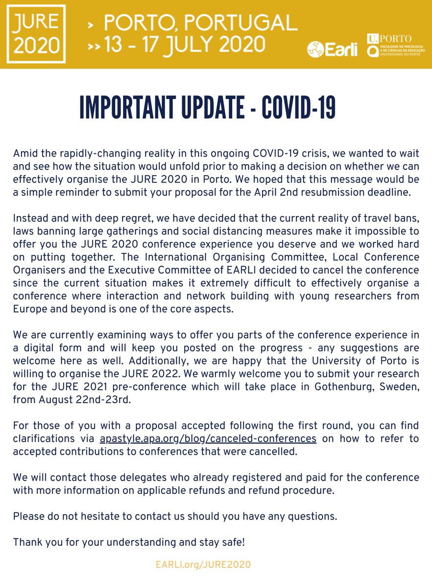 It is with heavy heart that, due to the ongoing uncertainties with regards to the COVID-19 crisis, we have moved to cancel the #JURE2020 conference. All registrations will be refunded and we hope to welcome you at #JURE2021 in Gothenburg!