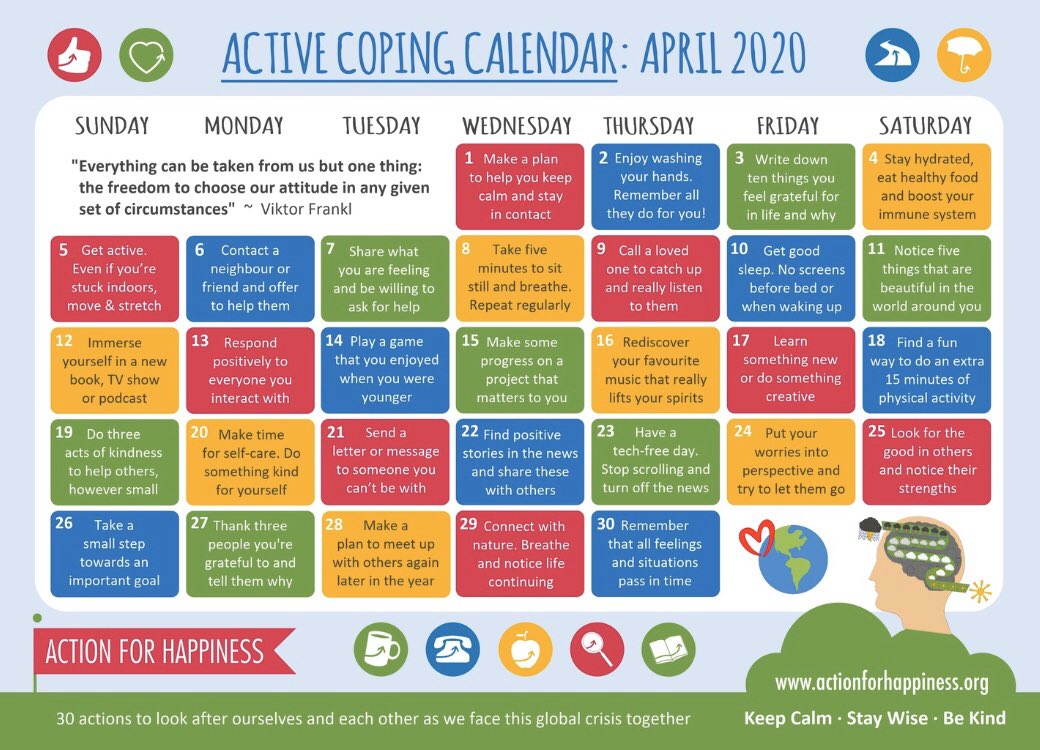 Active Coping Calendar: “Everything Can be taken from us but one thing: freedom to choose our attitude in any given set of circumstances.” - Viktor Frankl #ActionForHappiness #KindnessCalendars #CopingCalendar #Attitude #SEL #Kindness #RT #Share @actionhappiness ❤️