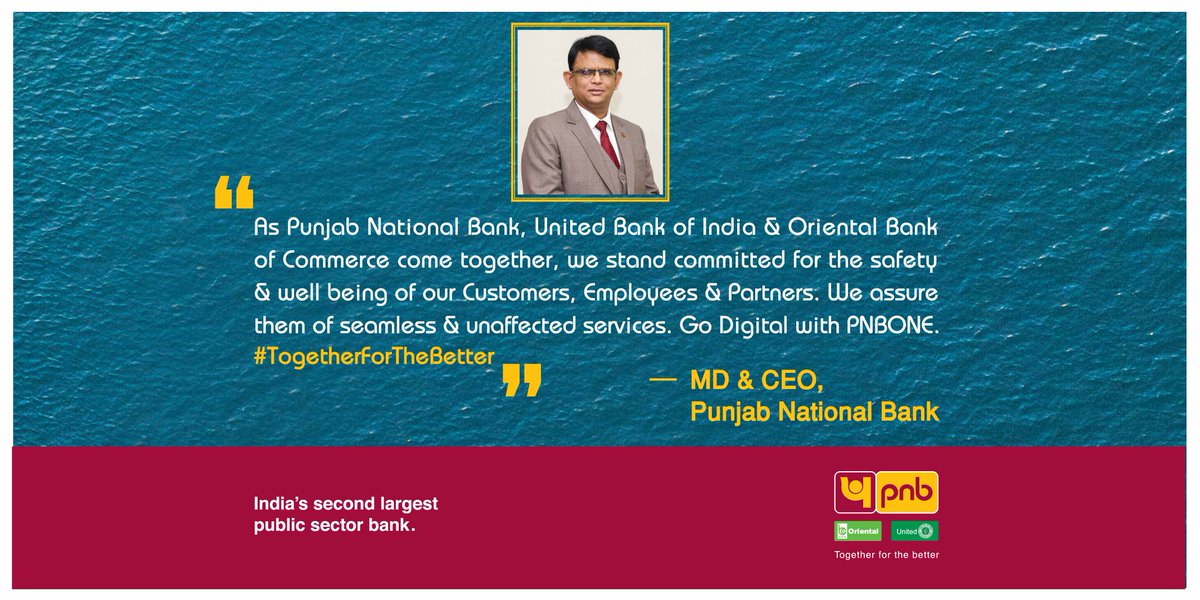 pnbindia's tweet photo. Punjab National Bank, United Bank of India &amp; Oriental Bank of Commerce have come #TogetherForTheBetter.
#Amalgamation #PNB #OBC #UBI https://t.co/lWYdLgl6Mv