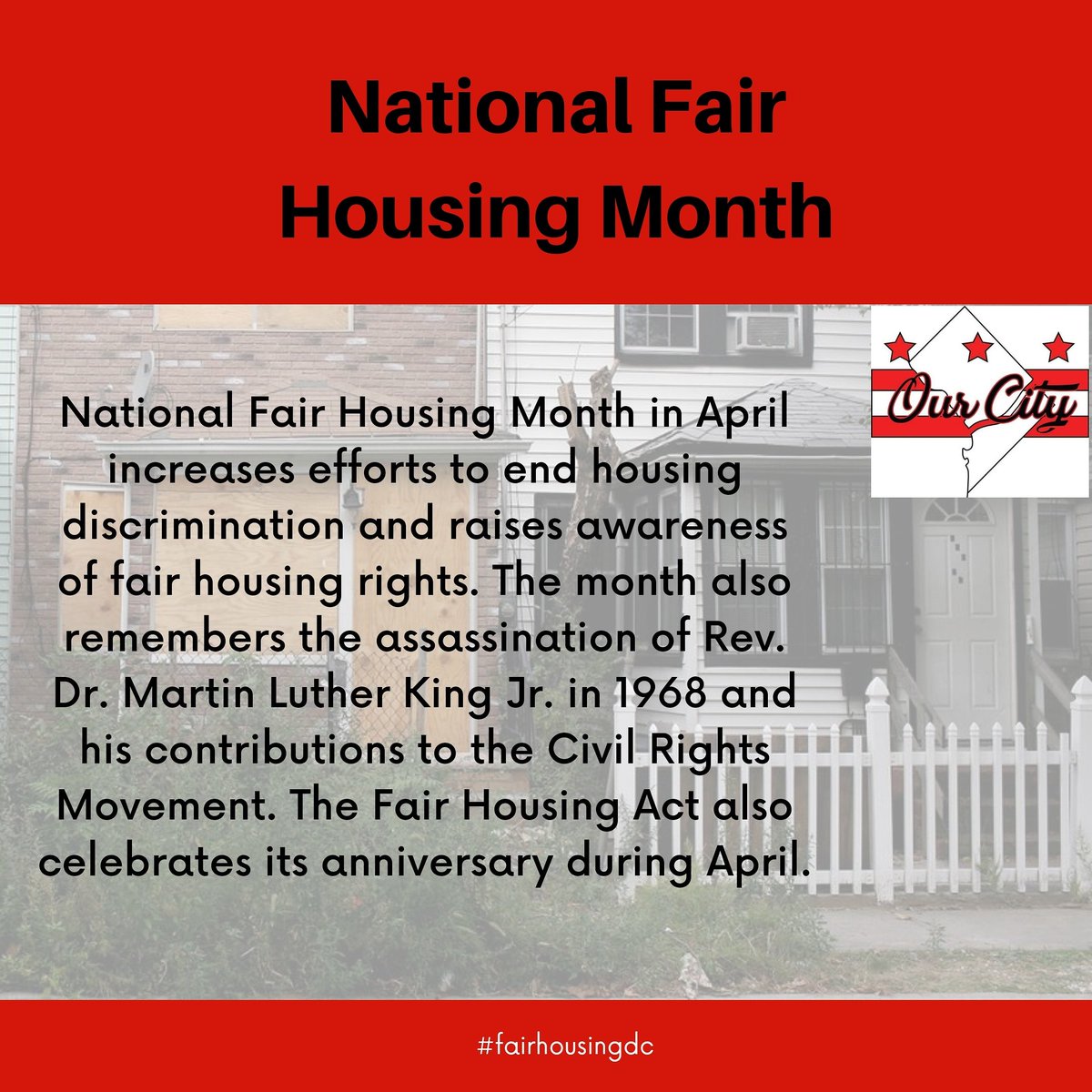 OurCityDC's tweet photo. In 2018, the Fair Housing Act celebrated its 50th anniversary. Designed to protect Americans from discrimination in the sale, rental and financing of housing based on color, race, national origin and religion, the act later extended to sex, disability and family status. https://t.co/IvbB6qsWx8