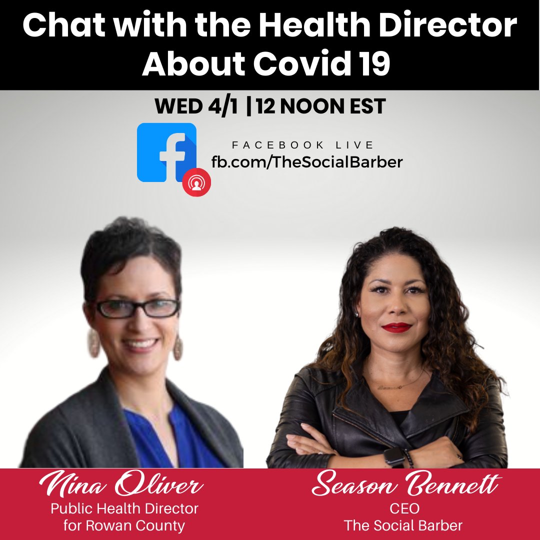 BarberTakeOver1's tweet photo. Join me Tom. at 12 noon EST on The Social Barber’s Facebook page for a live discussion about #Covid19 with Rowan County Health Director, Nina Oliver. Come and ask any questions you have about the #CoronaVirus. Ask your anonymous questions here: https://t.co/KLDQ5dEJEM https://t.co/CqSnsxQn78