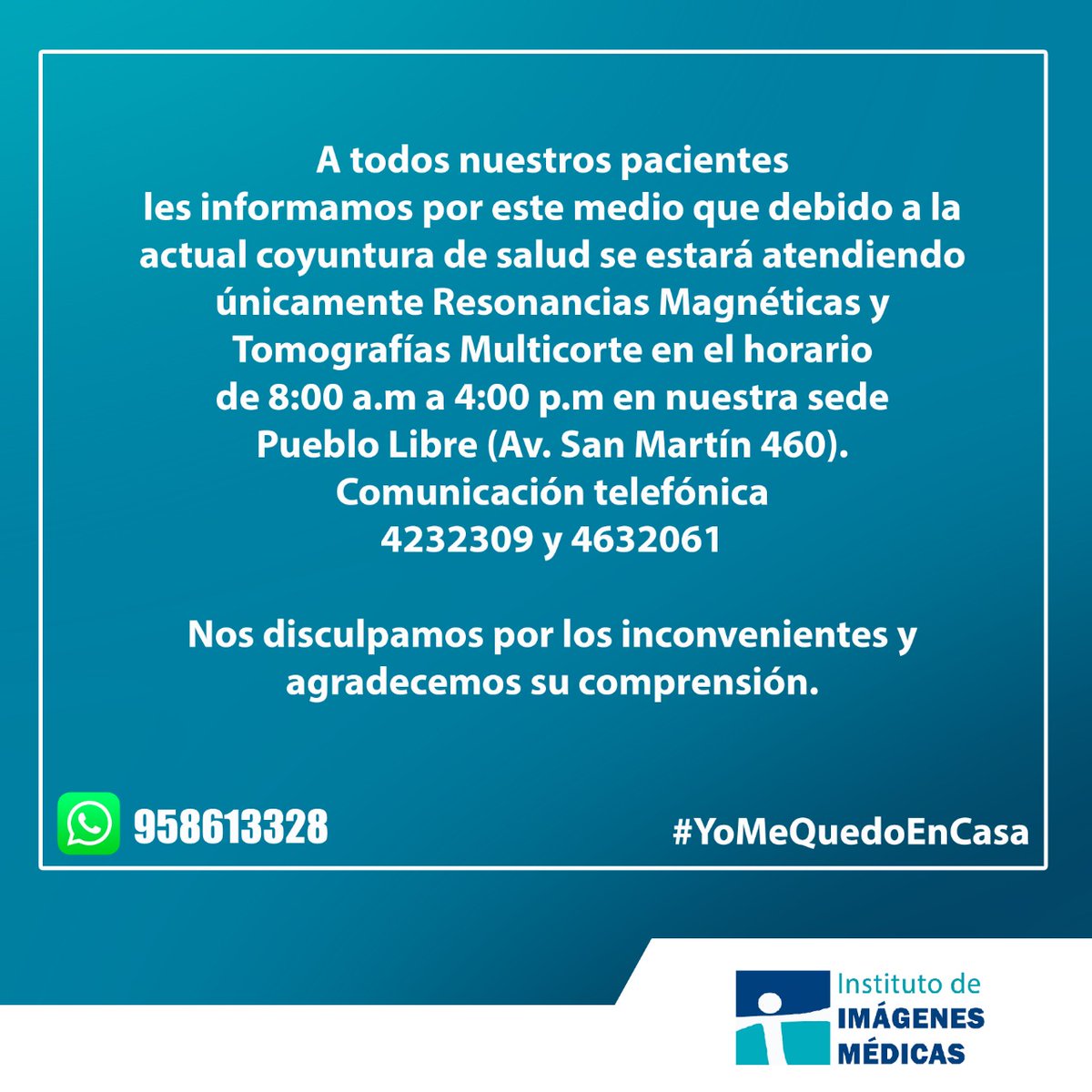 InstImagMedicas's tweet photo. A tomar en cuenta. Y la atención sólo en Pueblo Libre.

#YoMeQuedoEnCasa #COVIDー19 #Coronavid19 https://t.co/XEmwsmKIRN https://t.co/FLTIGlTxKF https://t.co/Lxs7Tr2601