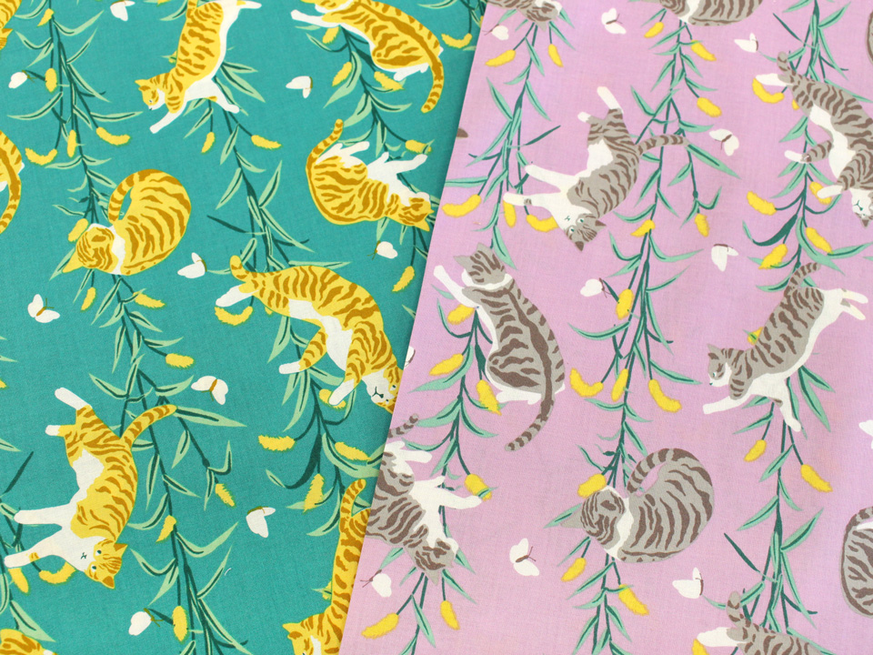 クラフトタウン ４月前半 新商品 猫部 トーカイ コラボファブリック シーチング生地 フェリシモ猫部の浴衣の柄を 小物作りにぴったりなサイズ感で仕上げました ねこ 花 植物の組み合わせが 華やかで大人っぽい 浴衣やワンピース 風呂敷バッグ