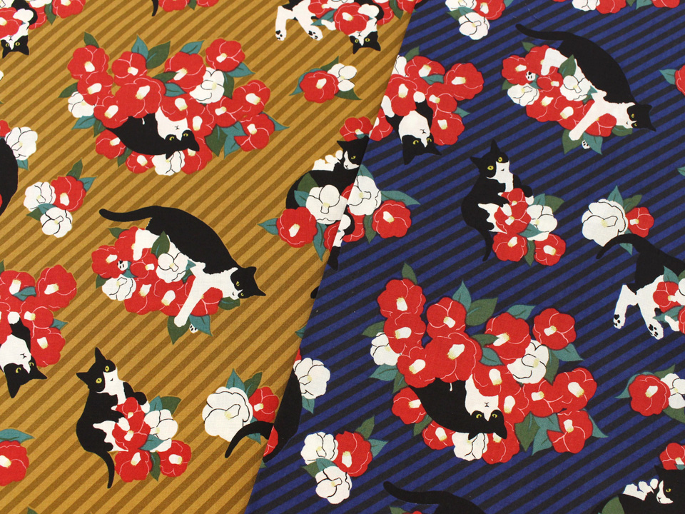 クラフトタウン ４月前半 新商品 猫部 トーカイ コラボファブリック シーチング生地 フェリシモ猫部の浴衣の柄を 小物作りにぴったりなサイズ感で仕上げました ねこ 花 植物の組み合わせが 華やかで大人っぽい 浴衣やワンピース 風呂敷バッグ
