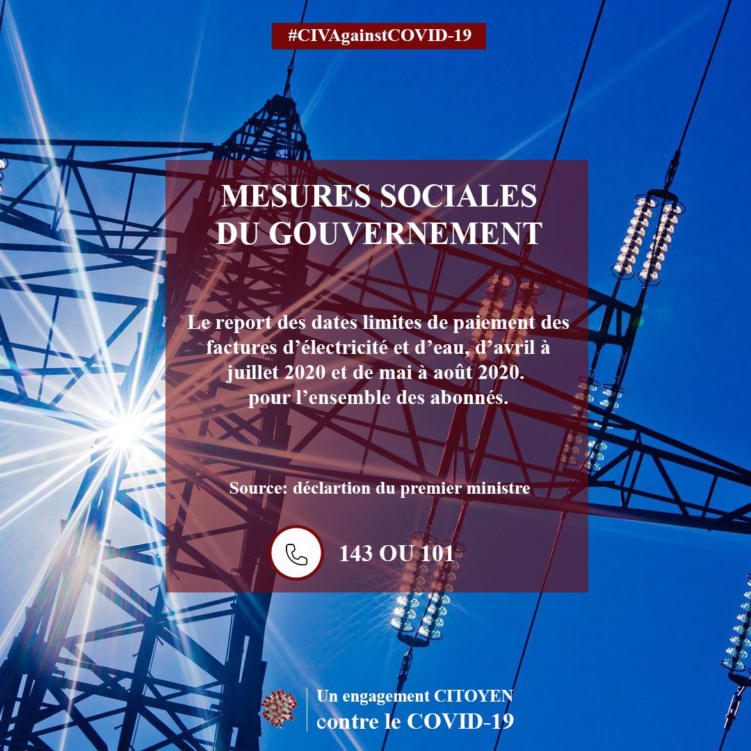 CivAgainstCovid's tweet photo. Le @Gouvci a annoncé le report des factures d’électricité et d’eau #CIVAgainstCovid19 https://t.co/2wldWle4AA