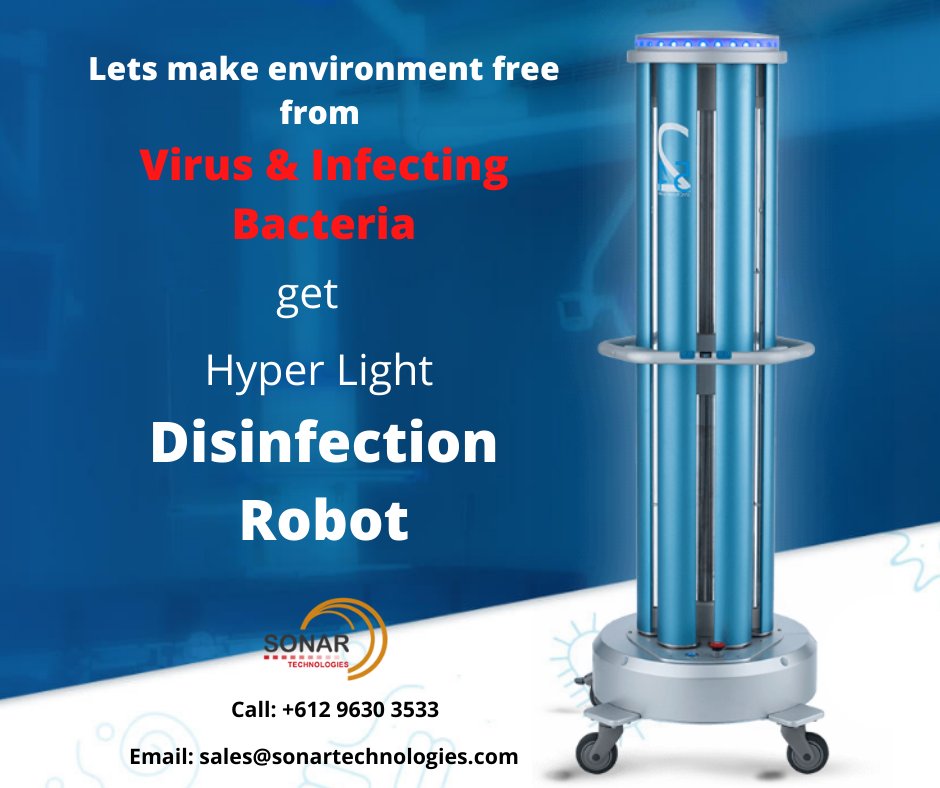 Want to kill 99.9% Infecting Bacteria and Viruses within the Hospital environment .. get the Hyper Light Disinfection Robot now!!

Call: +612 9630 3533

Email: sales@sonartechnologies.com

sonartechnologies.com/medicalcampaig…

#sonartechnologies #disinfectionrobot #HIMS #COVIDー19
