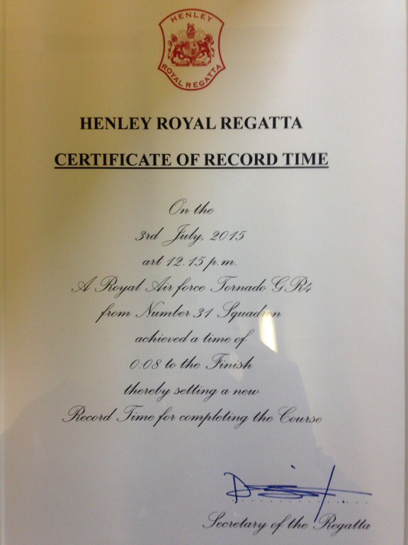 SleepstoHRR's tweet photo. There are 454 sleeps to Henley Royal Regatta 2021. #HenleyRoyalRegatta #HRR21 Is this the ultimate course record? An RAF Tornado of (now disbanded) 31Sqn did the course in (a generous) 8 seconds back in 2015, narrowly beating the record set by @rafredarrows the day before. https://t.co/3N0WvlQ5f3