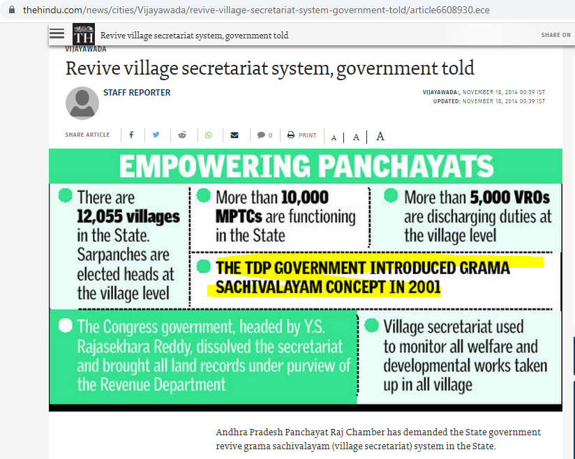 AP2002TDP/CBNNaidu launches village secretariat systemనిజామాబాద్లో గ్రామసచివాలయ వ్యవస్థ ప్రారంభం https://www.thehindu.com/todays-paper/tp-national/tp-tamilnadu/naidu-launches-village-secretariat-system/article27823872.ece-2007YSRDISSOLVED the system+HAND-OVER the land records etc to Revenue Depవ్యవస్థ రద్దు+ల్యాండ్ రికార్డ్స్ రెవిన్యూకి అప్పగింత https://www.thehindu.com/todays-paper/tp-national/tp-andhrapradesh/Village-Secretariat-system-welcomed/article14718391.ece