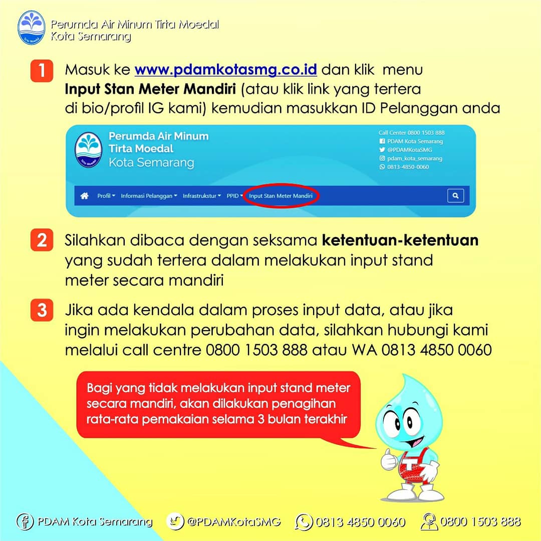 PDAMKotaSMG's tweet photo. #infopdamkotasmg
.
Dalam rangka pencegahan penyebaran COVID-19 Perumda Air Minum Tirta Moedal Kota Semarang meniadakan baca meter oleh petugas, kami memberikan pelayanan input stand meter air secara mandiri https://t.co/kwhwswC5rX https://t.co/yZ2Nb4cSLz