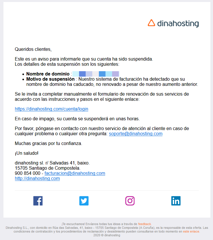 Algunos de nuestros clientes han recibido phishing como el de la imagen. Ya hemos tomado medidas para evitarlo. Si tú también has recibido este email, puedes eliminarlo. + info sobre phishing en blog.dinahosting.com/que-es-el-phis…