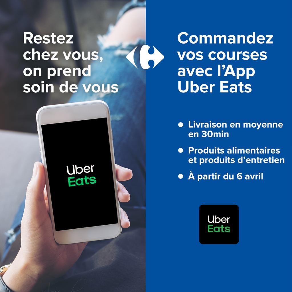 AOC1978's tweet photo. Nous unissons nos forces à celles d’Uber Eats pour aider les Français à s’approvisionner en toute sécurité=> Dès lundi, possibilité de se faire livrer ses courses Carrefour via l’appli Uber Eats, en 30’ et sans frais en avril. Un service dispo pr commencer à Paris+petite couronne https://t.co/12PfVhKJa6
