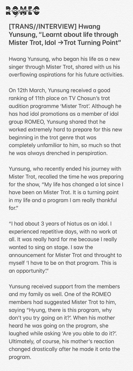 romeosingapore's tweet photo. [TRANS // INTERVIEW] 200401 Hwang Yunsung, “Learnt about life through Mister Trot, Idol →Trot Turning Point” Part 1

https://t.co/ule59csSUy

#Yunsung #HwangYunsung #ROMEO #MisterTrot #윤성 #황윤성 #미스터트롯 #윤짱 #로미오 #romeosgtrans @teamct_romeo @yun_official https://t.co/zIQBF2AKr6