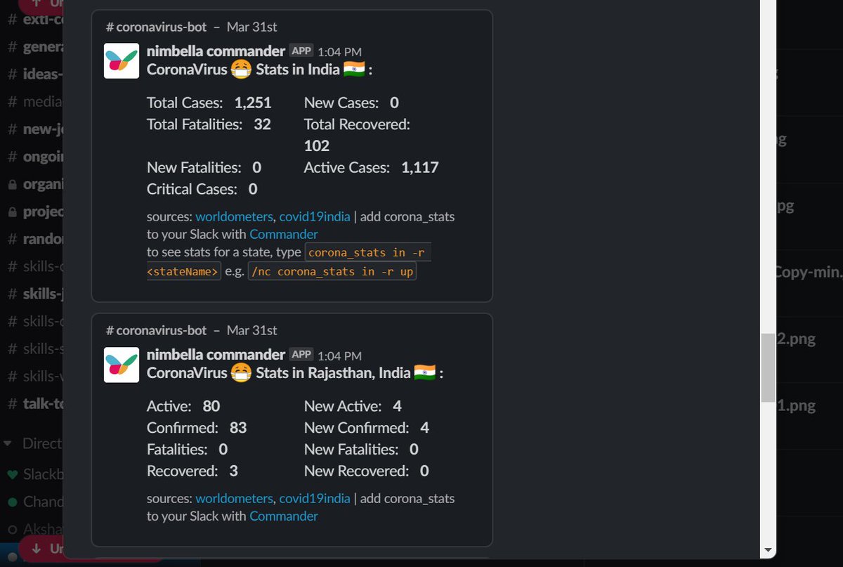 6/ Corona statistics slack botby  @bhageenaCorona_stats is a live updates status checker for professionals using slack. You can install and run this bot in your slack using a few simple commands and get stats for any given country/region or worldwide.  https://github.com/nimbella/command-sets/tree/master/corona_stats