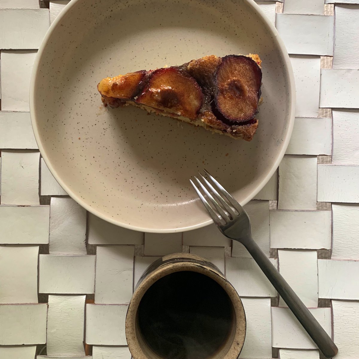 this is plum cake and a cup of coffee from this morning reheated on the stove